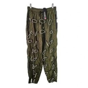 URKOOL Olive Green Techwear Parachute Cargo Pants with Drawstring Details